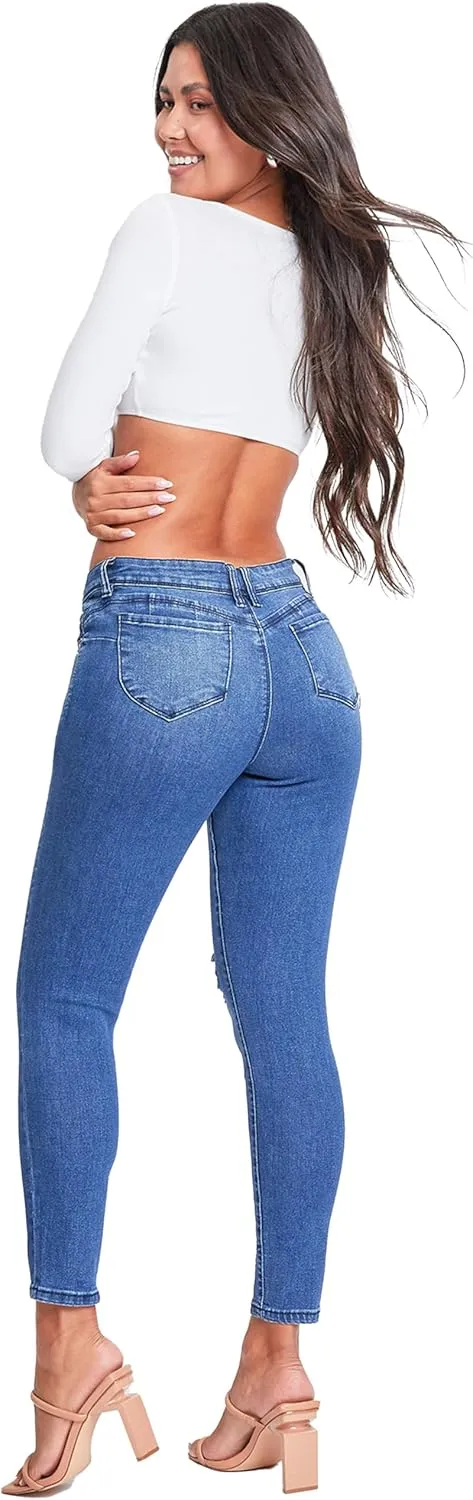 YMI Women's Juniors Mid-Rise Wannabettabutt Recycled Fibers Skinny Jeans