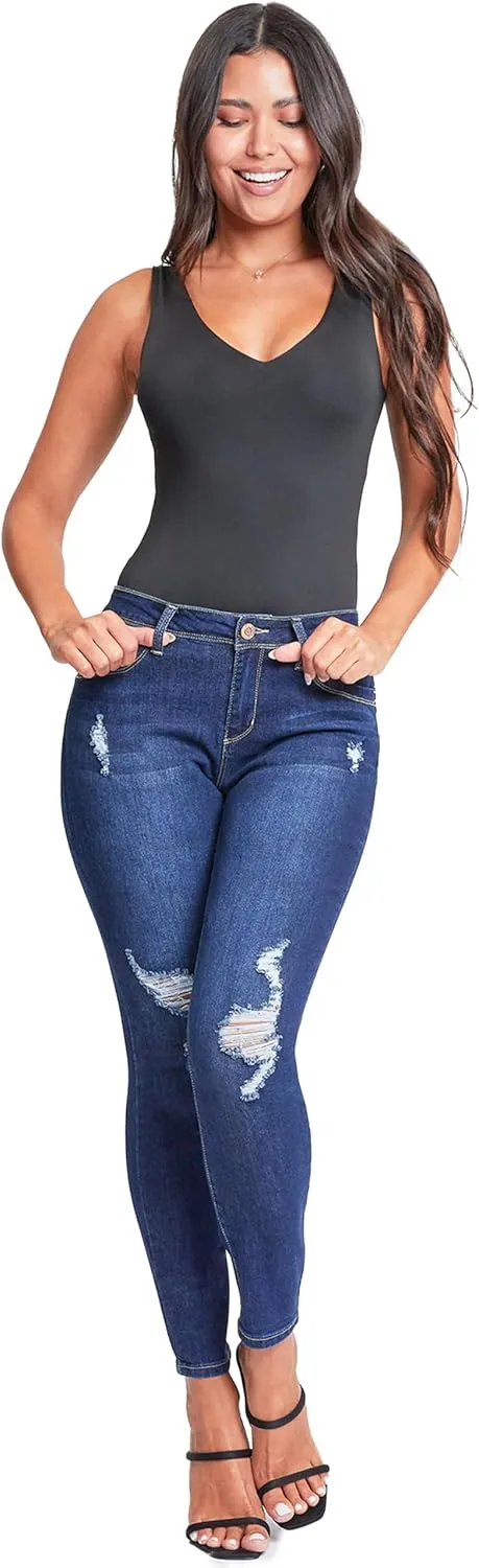 YMI Women's Juniors Mid-Rise Wannabettabutt Recycled Fibers Skinny Jeans