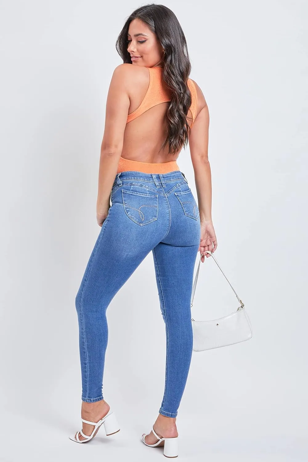 YMI Women's Juniors Mid-Rise Wannabettabutt Recycled Fibers Skinny Jeans