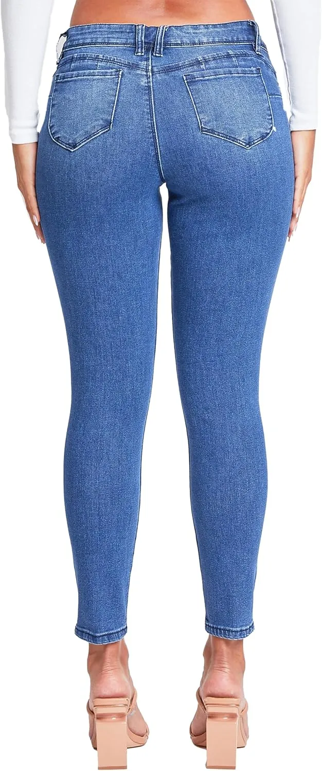 YMI Women's Juniors Mid-Rise Wannabettabutt Recycled Fibers Skinny Jeans