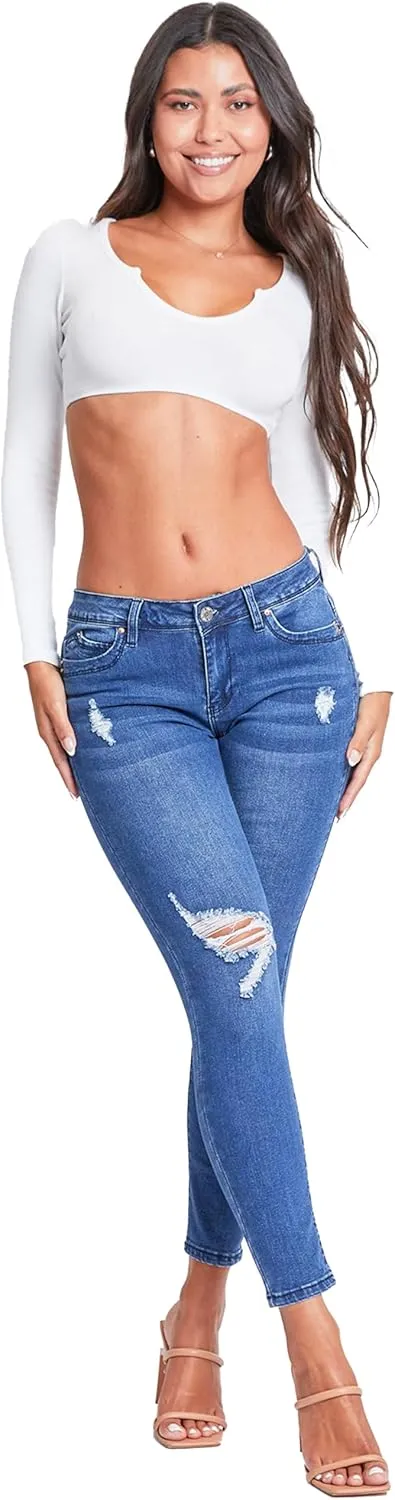 YMI Women's Juniors Mid-Rise Wannabettabutt Recycled Fibers Skinny Jeans