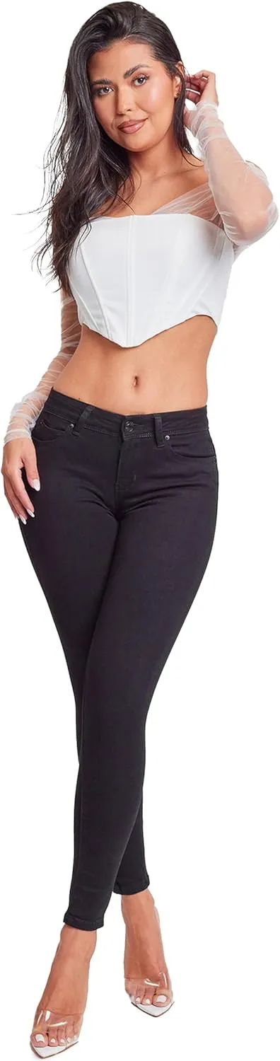 YMI Women's Juniors Mid-Rise Wannabettabutt Recycled Fibers Skinny Jeans