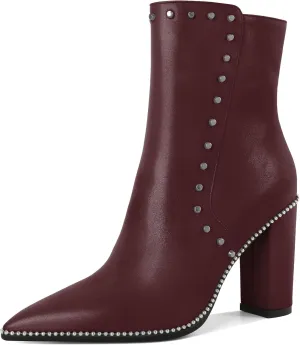 YODEKS Womens Ankle Booties 3.7 Inch Heel Chunky Boots Rivet Beaded Studded Pointed Toe Side Zipper Boots Size 5-13