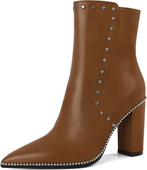 YODEKS Womens Ankle Booties 3.7 Inch Heel Chunky Boots Rivet Beaded Studded Pointed Toe Side Zipper Boots Size 5-13