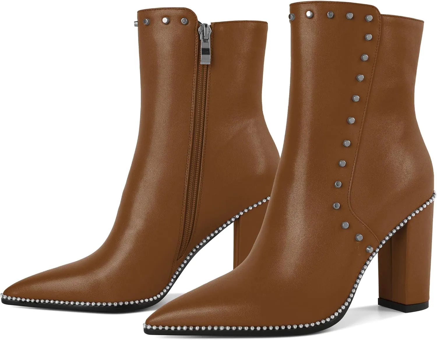 YODEKS Womens Ankle Booties 3.7 Inch Heel Chunky Boots Rivet Beaded Studded Pointed Toe Side Zipper Boots Size 5-13