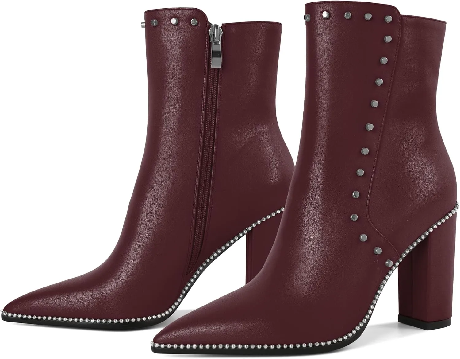 YODEKS Womens Ankle Booties 3.7 Inch Heel Chunky Boots Rivet Beaded Studded Pointed Toe Side Zipper Boots Size 5-13