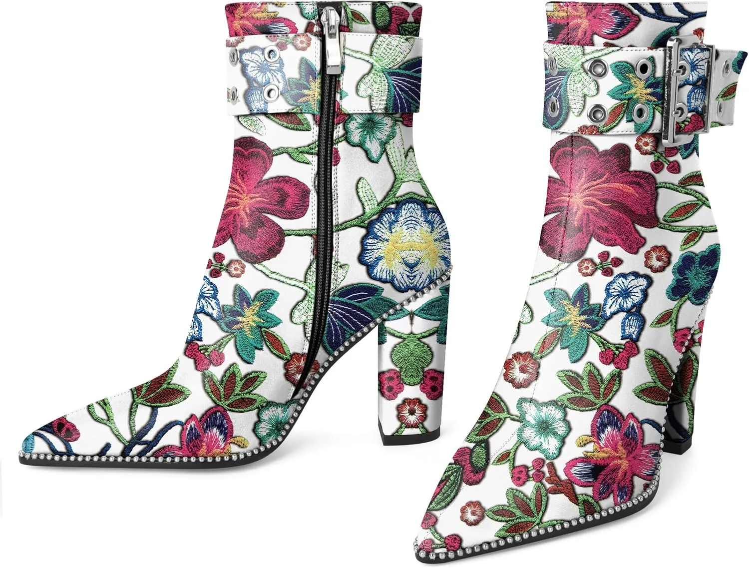 YODEKS Womens Ankle Boots 3.7 Inch Heel Chunky Boots Beaded Eyelets Buckle Strap Side Zipper Boots
