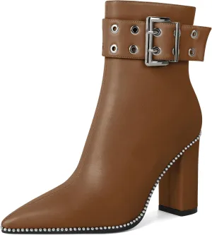 YODEKS Womens Ankle Boots 3.7 Inch Heel Chunky Boots Beaded Eyelets Buckle Strap Side Zipper Boots