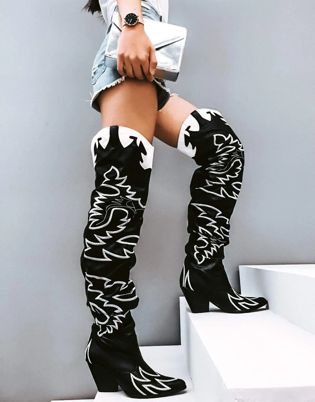 YOKI Cowgirl Boots Women, Over the Knee Western Cowboy Boots for Women with Chunky Block Heels