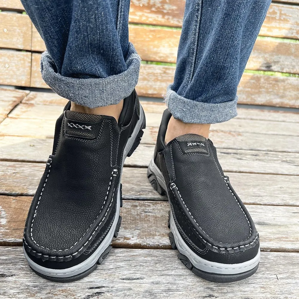 YONGJIA Mens Hands Free Slip in Loafers Walking Slip on Leather Casual Comfortable Breathable Shoes