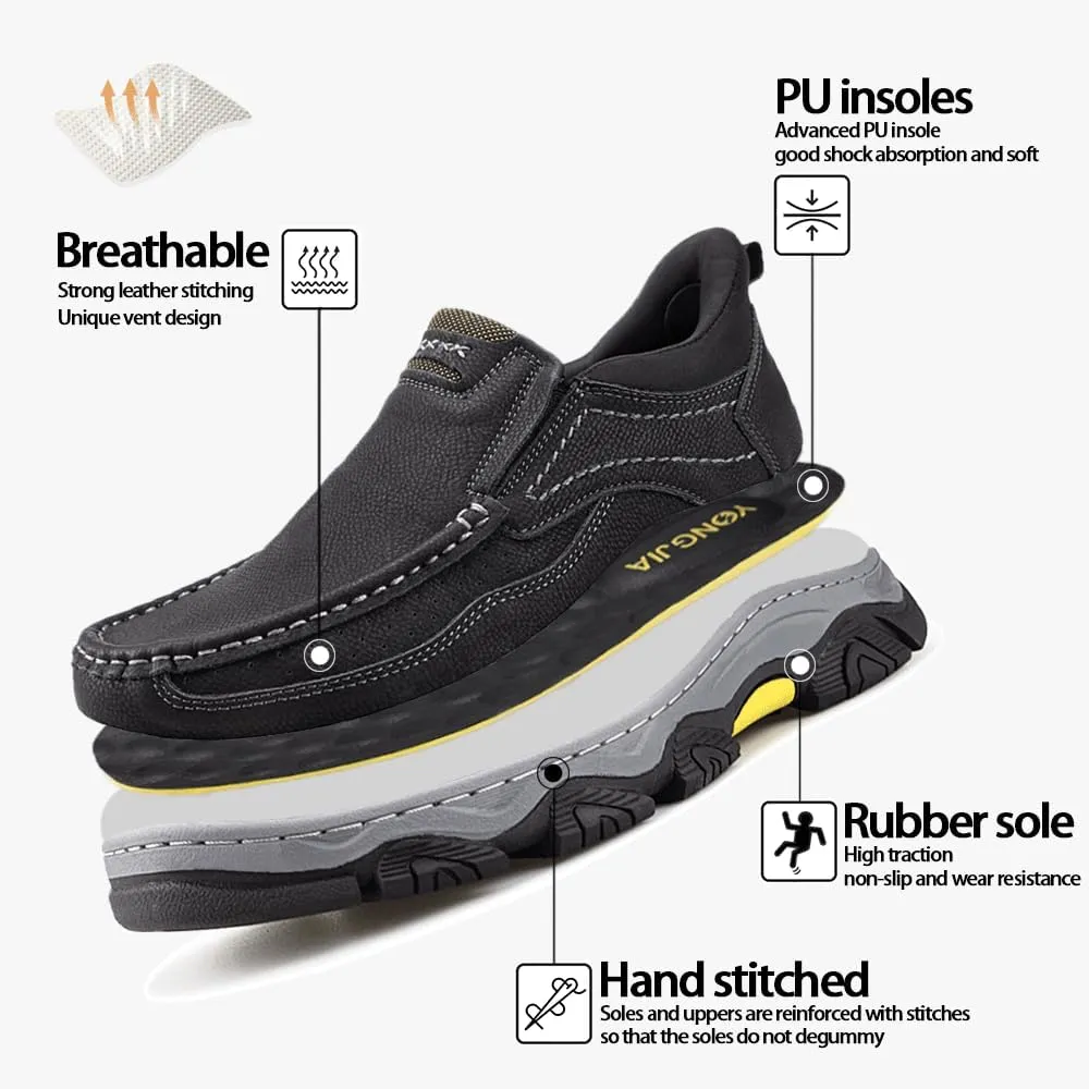YONGJIA Mens Hands Free Slip in Loafers Walking Slip on Leather Casual Comfortable Breathable Shoes