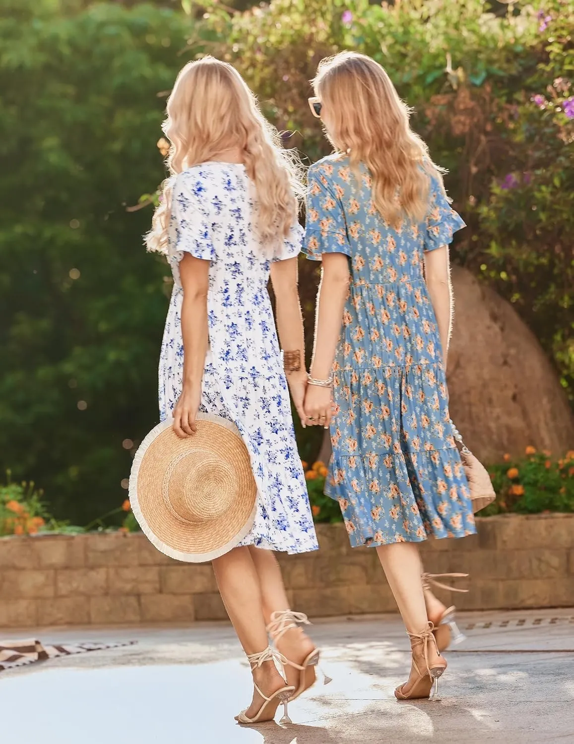 Zeagoo Women's Summer Dresses Midi Tiered Casual Dress Floral V Neck Ruffle Short Sleeve Flowy Beach Dress with Pockets