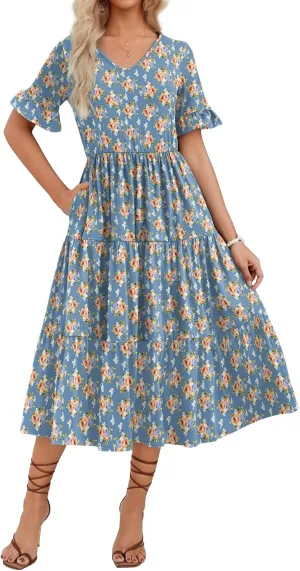 Zeagoo Women's Summer Dresses Midi Tiered Casual Dress Floral V Neck Ruffle Short Sleeve Flowy Beach Dress with Pockets