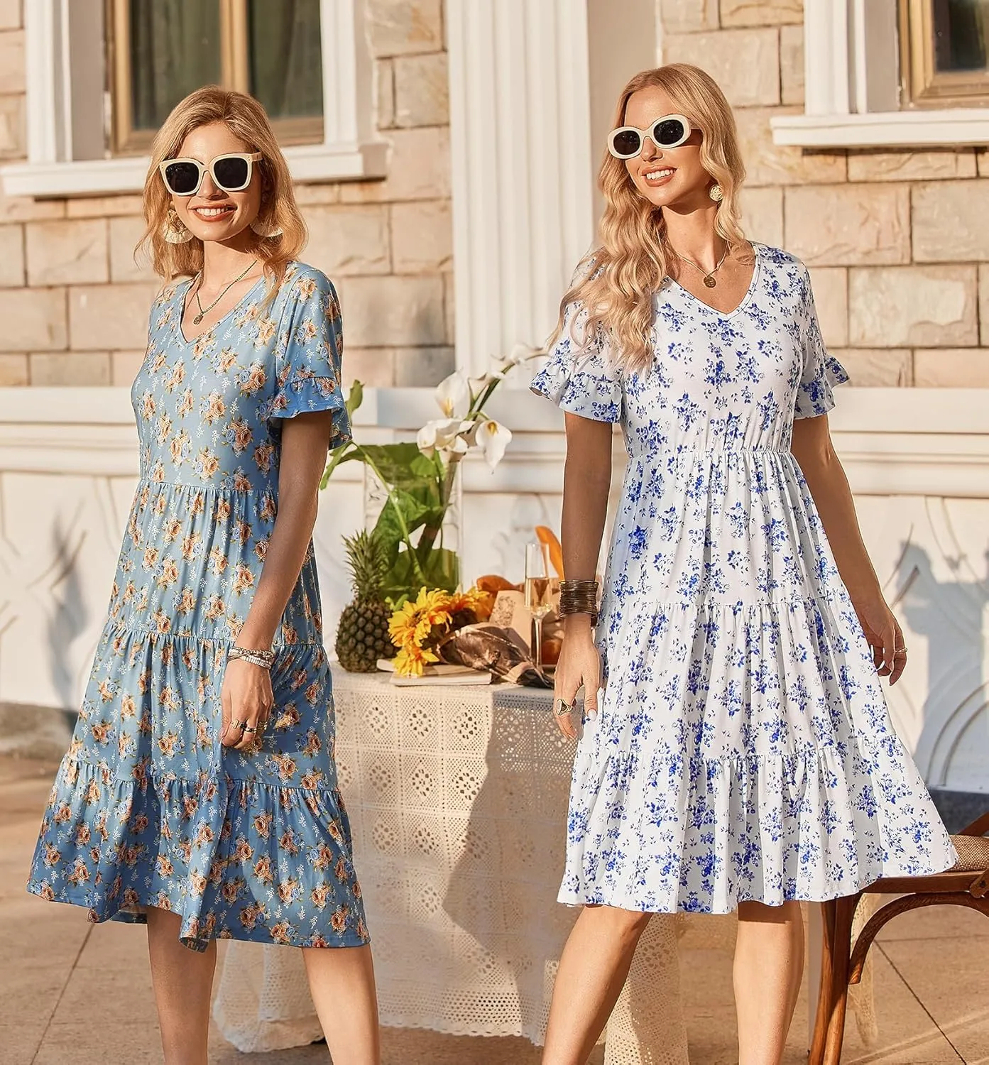 Zeagoo Women's Summer Dresses Midi Tiered Casual Dress Floral V Neck Ruffle Short Sleeve Flowy Beach Dress with Pockets