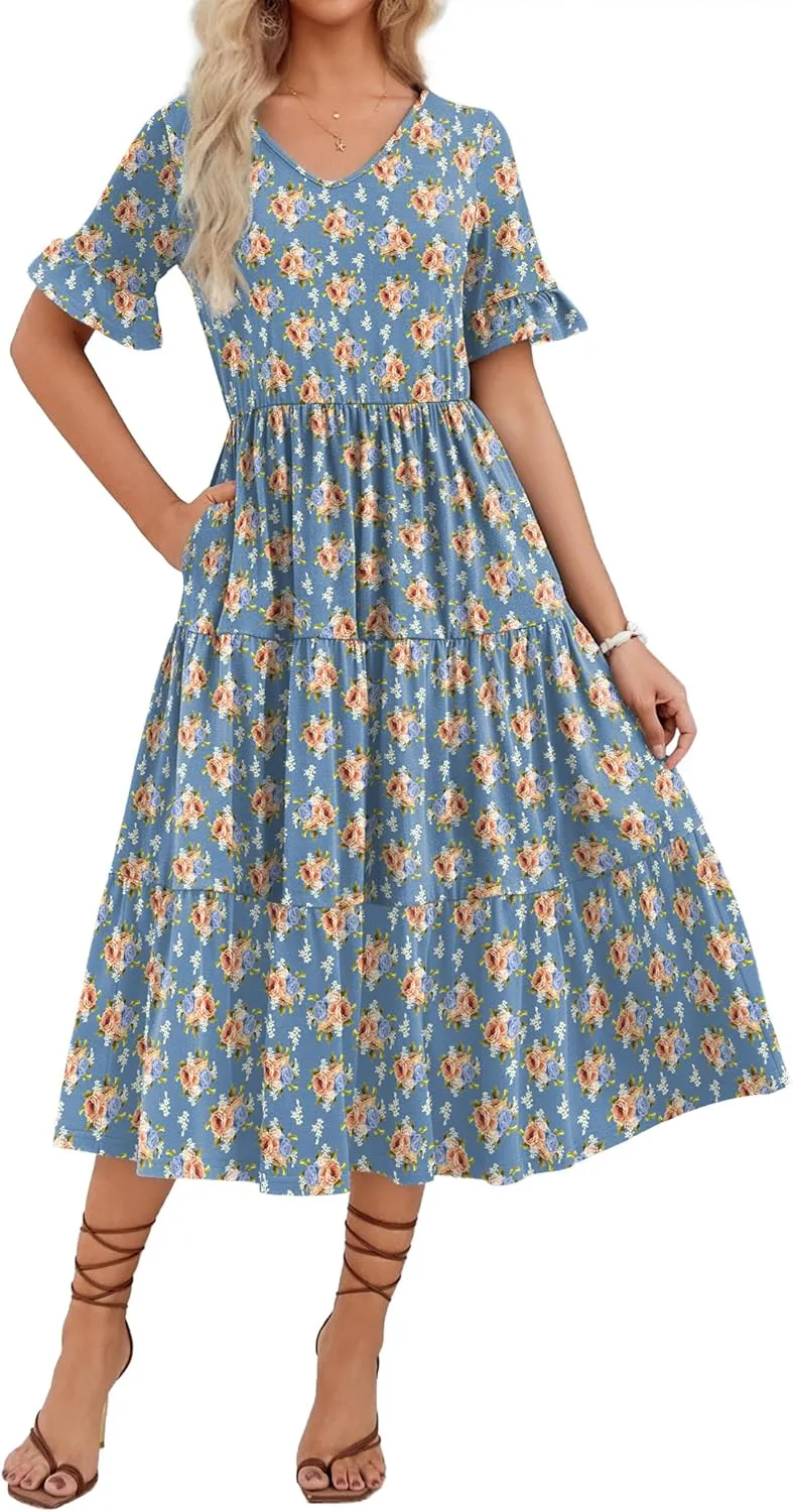 Zeagoo Women's Summer Dresses Midi Tiered Casual Dress Floral V Neck Ruffle Short Sleeve Flowy Beach Dress with Pockets