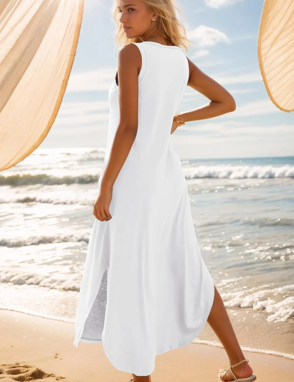 Zilcremo Women's Summer Casual Loose Sundress Long Dress Sleeveless V Neck Split Tshirt Maxi Dresses