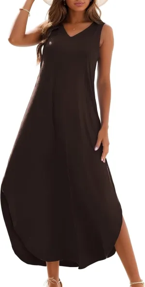 Zilcremo Women's Summer Casual Loose Sundress Long Dress Sleeveless V Neck Split Tshirt Maxi Dresses