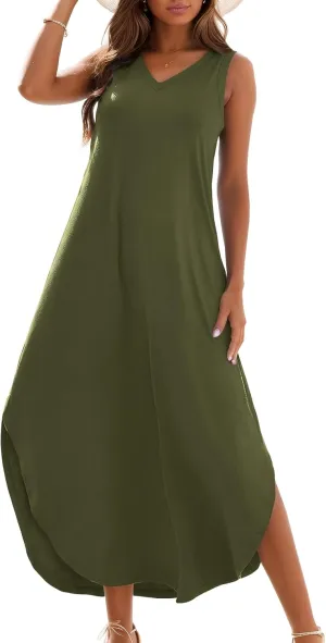 Zilcremo Women's Summer Casual Loose Sundress Long Dress Sleeveless V Neck Split Tshirt Maxi Dresses