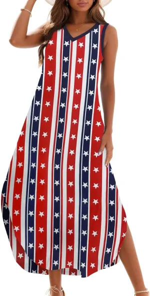 Zilcremo Women's Summer Casual Loose Sundress Long Dress Sleeveless V Neck Split Tshirt Maxi Dresses