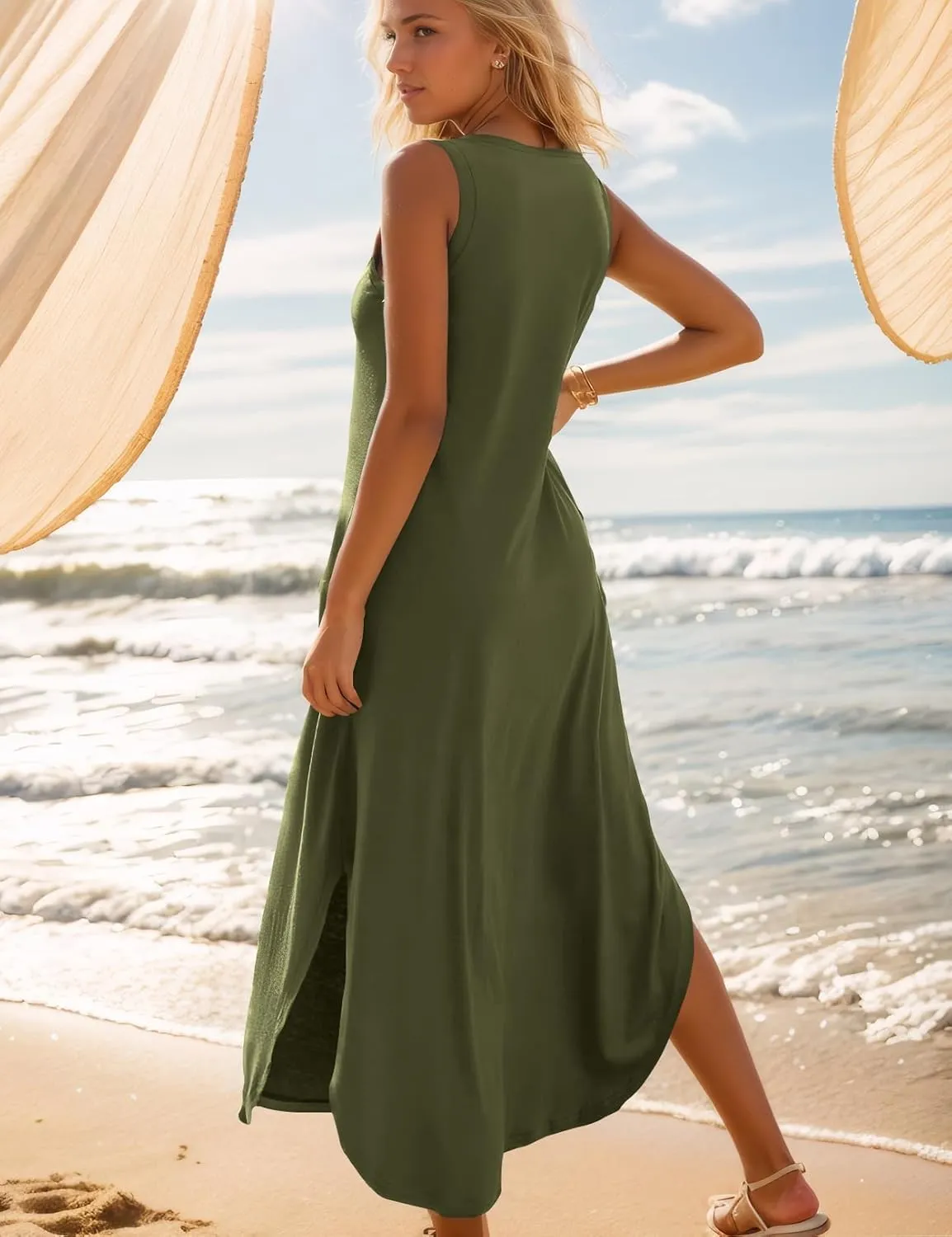 Zilcremo Women's Summer Casual Loose Sundress Long Dress Sleeveless V Neck Split Tshirt Maxi Dresses