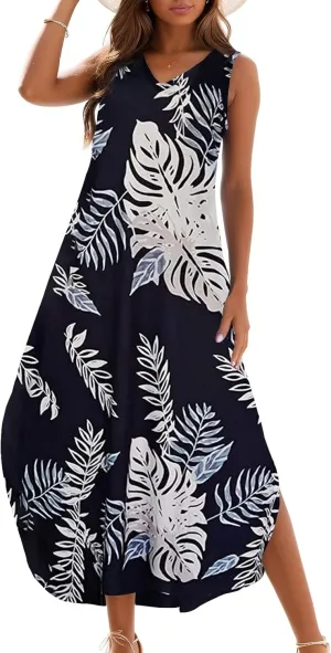 Zilcremo Women's Summer Casual Loose Sundress Long Dress Sleeveless V Neck Split Tshirt Maxi Dresses