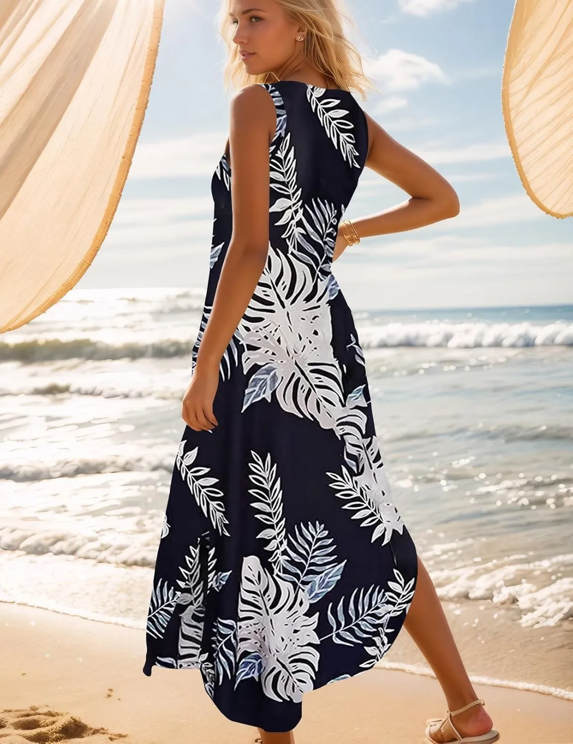 Zilcremo Women's Summer Casual Loose Sundress Long Dress Sleeveless V Neck Split Tshirt Maxi Dresses