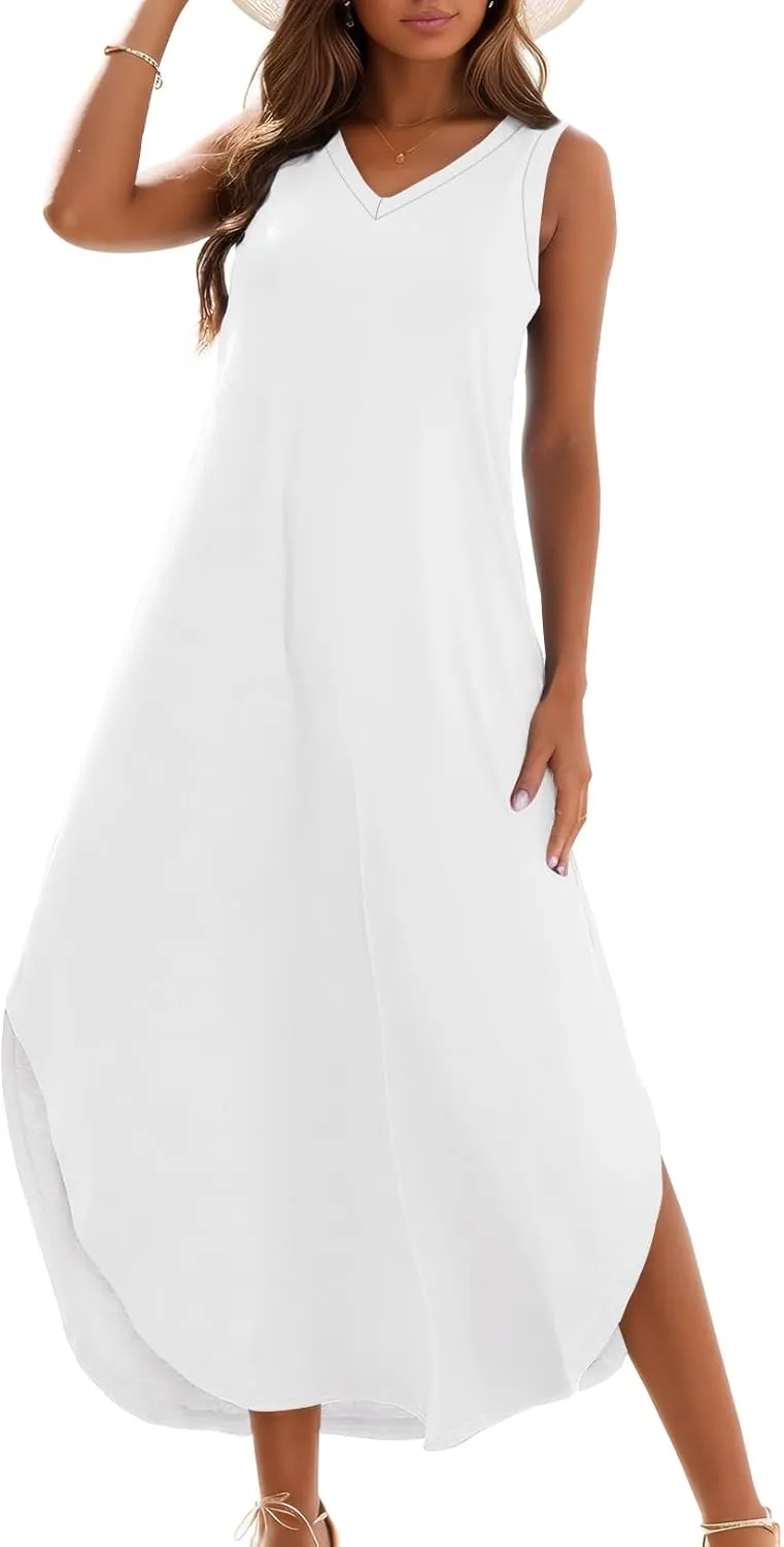 Zilcremo Women's Summer Casual Loose Sundress Long Dress Sleeveless V Neck Split Tshirt Maxi Dresses