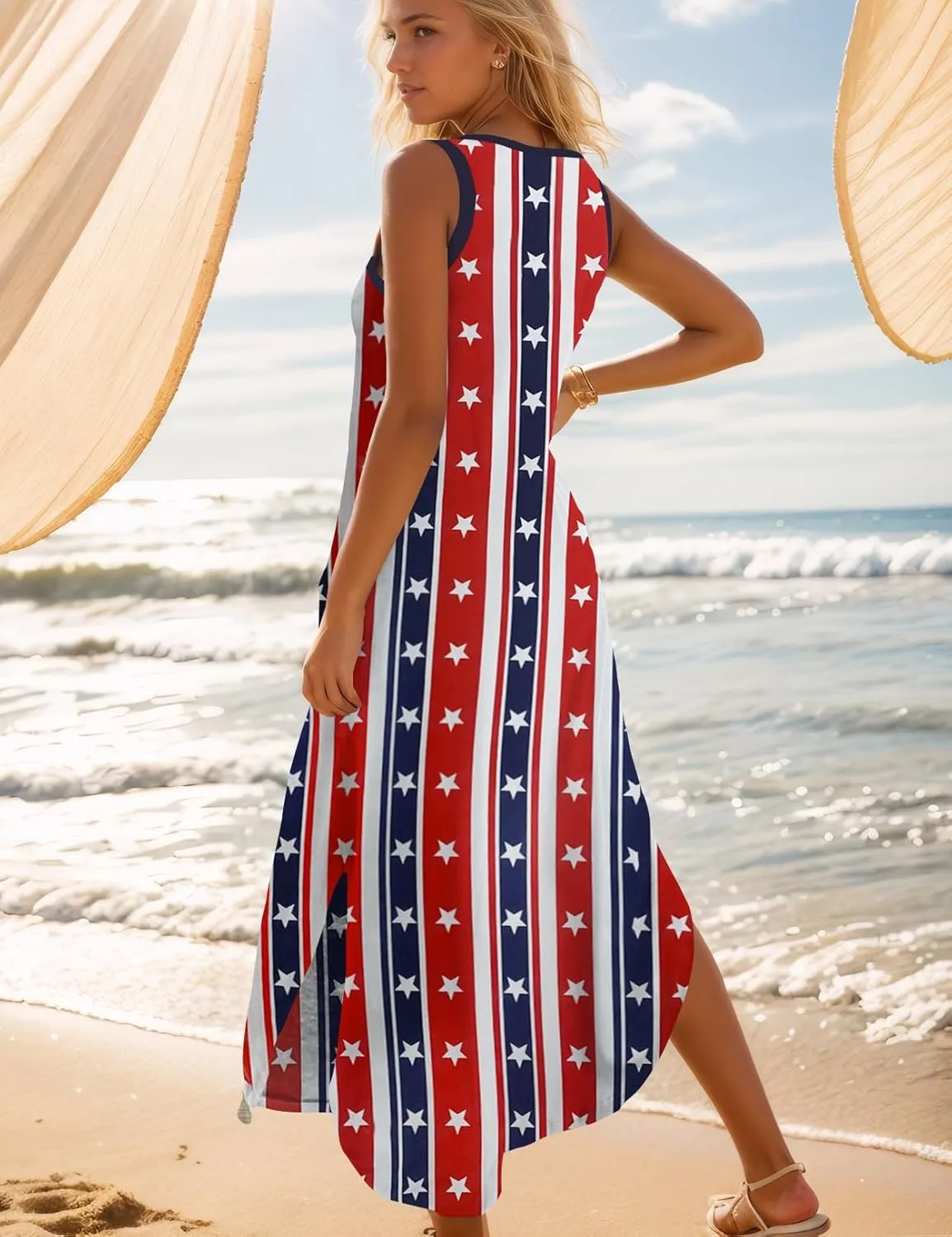Zilcremo Women's Summer Casual Loose Sundress Long Dress Sleeveless V Neck Split Tshirt Maxi Dresses