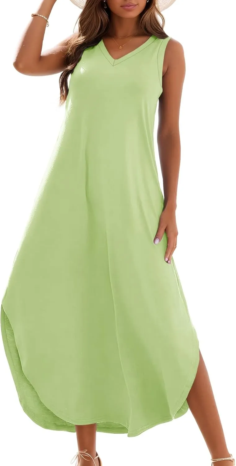Zilcremo Women's Summer Casual Loose Sundress Long Dress Sleeveless V Neck Split Tshirt Maxi Dresses