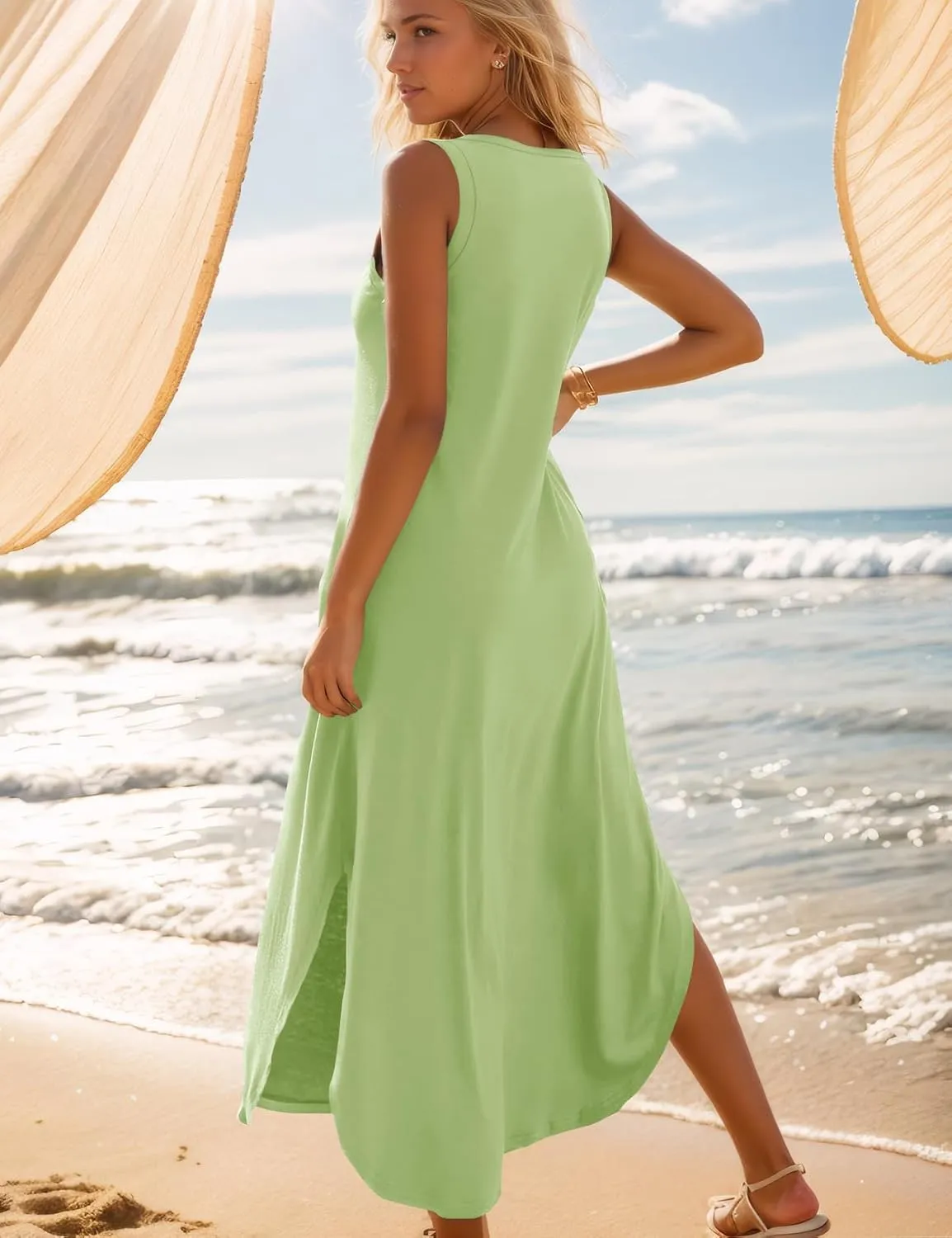 Zilcremo Women's Summer Casual Loose Sundress Long Dress Sleeveless V Neck Split Tshirt Maxi Dresses