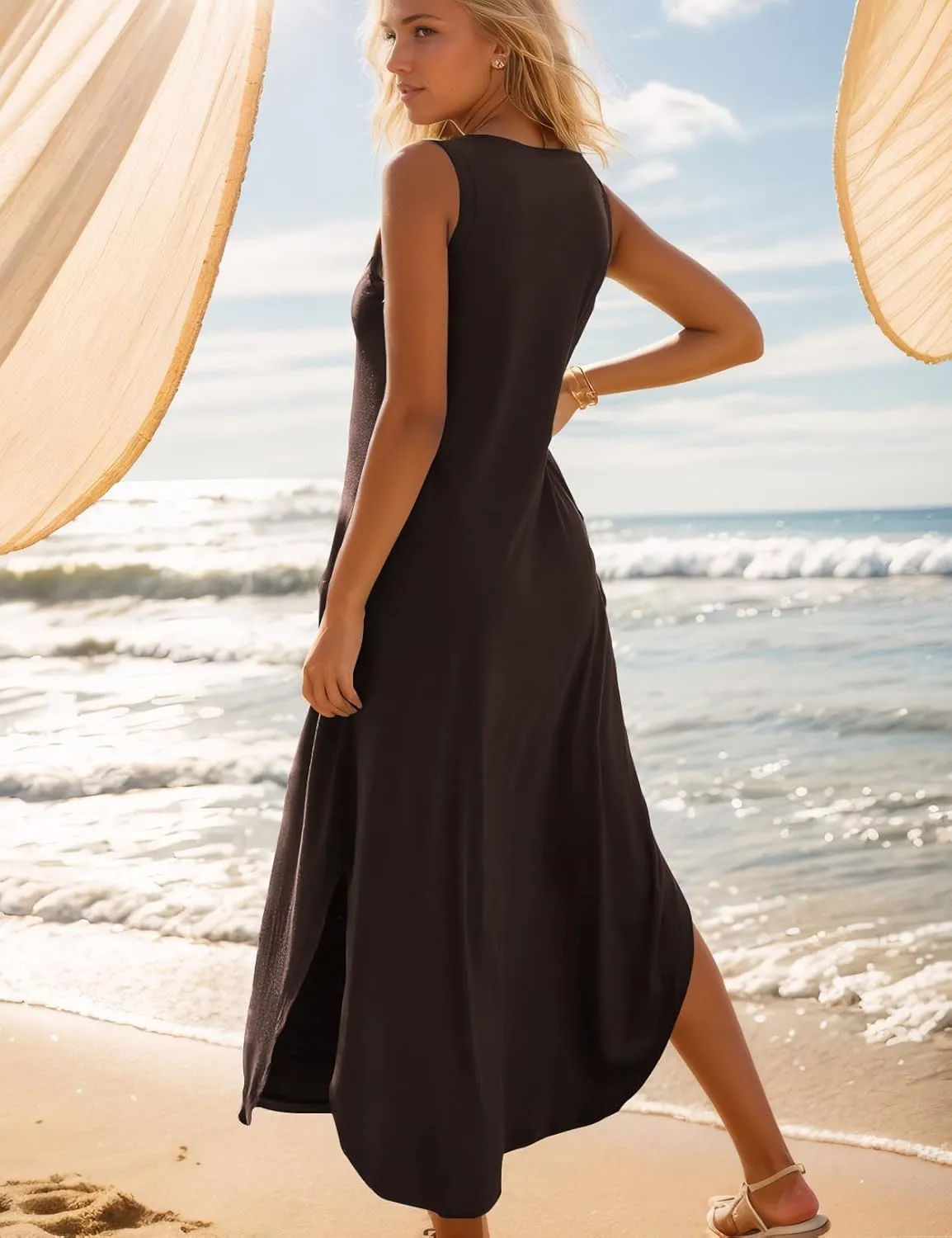 Zilcremo Women's Summer Casual Loose Sundress Long Dress Sleeveless V Neck Split Tshirt Maxi Dresses