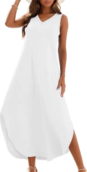 Zilcremo Women's Summer Casual Loose Sundress Long Dress Sleeveless V Neck Split Tshirt Maxi Dresses