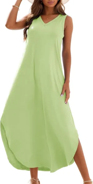 Zilcremo Women's Summer Casual Loose Sundress Long Dress Sleeveless V Neck Split Tshirt Maxi Dresses