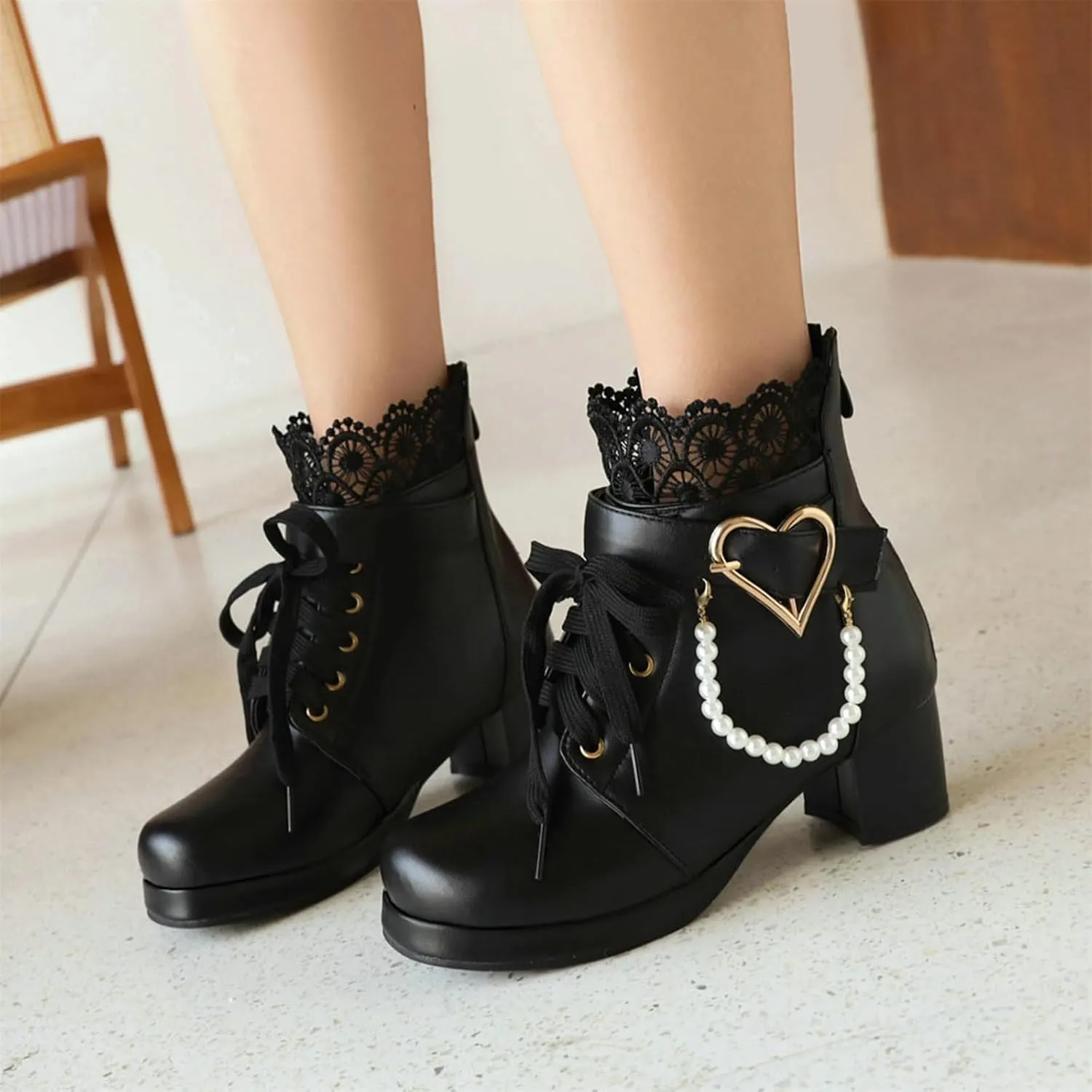 ZKXYFFS Women's Mary Janes Shoes Platform Chunky Heel Ankle Boots Gothic Cosplay Booties Strappy Bow Lace Party Dress Pumps Shoes