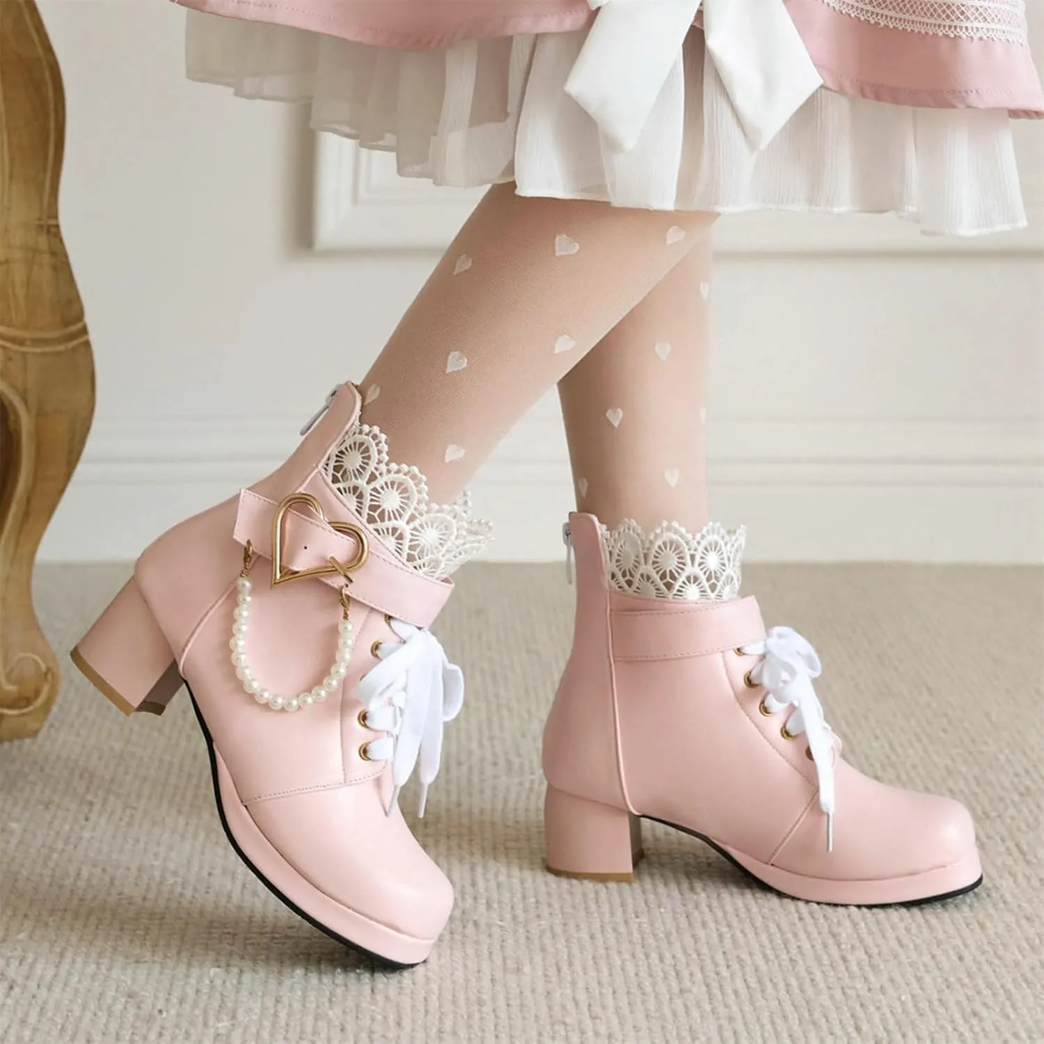 ZKXYFFS Women's Mary Janes Shoes Platform Chunky Heel Ankle Boots Gothic Cosplay Booties Strappy Bow Lace Party Dress Pumps Shoes