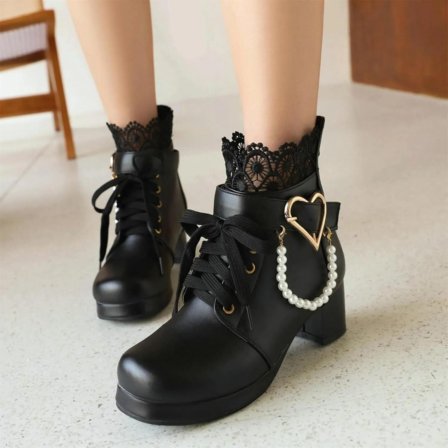 ZKXYFFS Women's Mary Janes Shoes Platform Chunky Heel Ankle Boots Gothic Cosplay Booties Strappy Bow Lace Party Dress Pumps Shoes