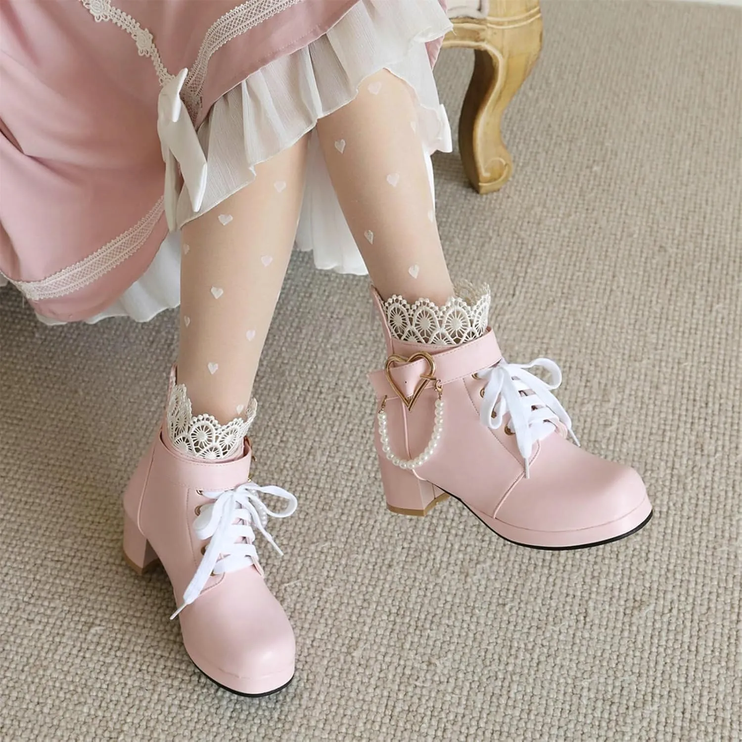 ZKXYFFS Women's Mary Janes Shoes Platform Chunky Heel Ankle Boots Gothic Cosplay Booties Strappy Bow Lace Party Dress Pumps Shoes