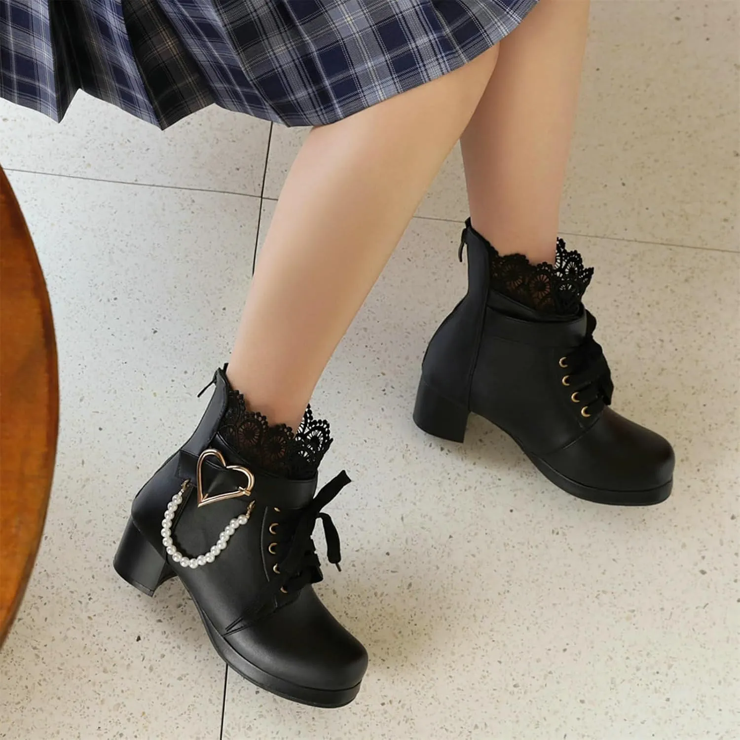 ZKXYFFS Women's Mary Janes Shoes Platform Chunky Heel Ankle Boots Gothic Cosplay Booties Strappy Bow Lace Party Dress Pumps Shoes