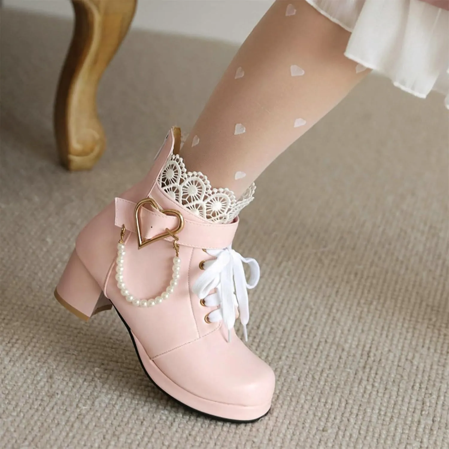 ZKXYFFS Women's Mary Janes Shoes Platform Chunky Heel Ankle Boots Gothic Cosplay Booties Strappy Bow Lace Party Dress Pumps Shoes