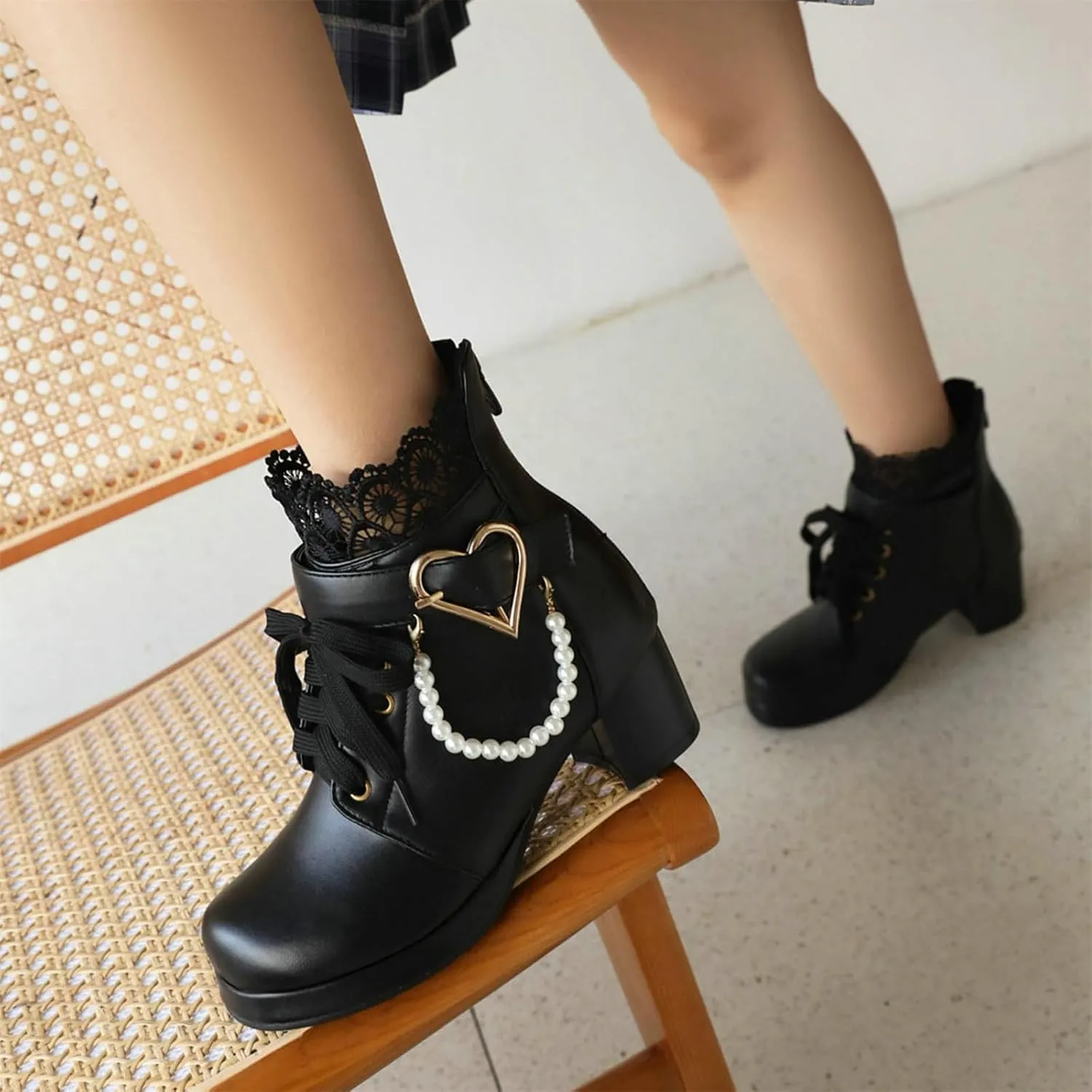 ZKXYFFS Women's Mary Janes Shoes Platform Chunky Heel Ankle Boots Gothic Cosplay Booties Strappy Bow Lace Party Dress Pumps Shoes