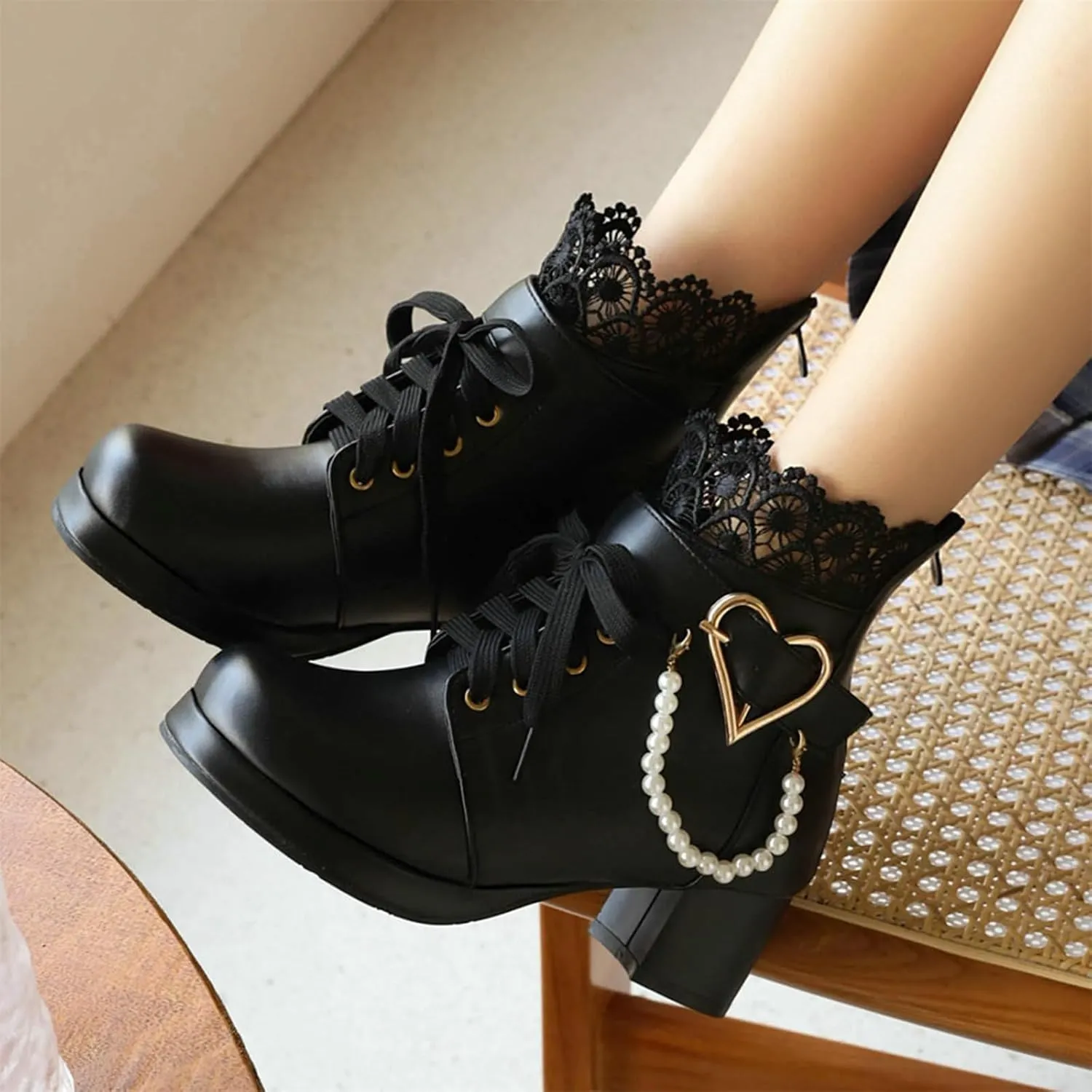 ZKXYFFS Women's Mary Janes Shoes Platform Chunky Heel Ankle Boots Gothic Cosplay Booties Strappy Bow Lace Party Dress Pumps Shoes