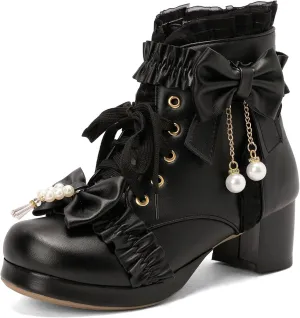 ZKXYFFS Women's Platform Booties Cosplay Gothic Lolita Shoes Lace Up Chunky Heel Ankle Boots Lace Party Dress Shoes Heels with Bow