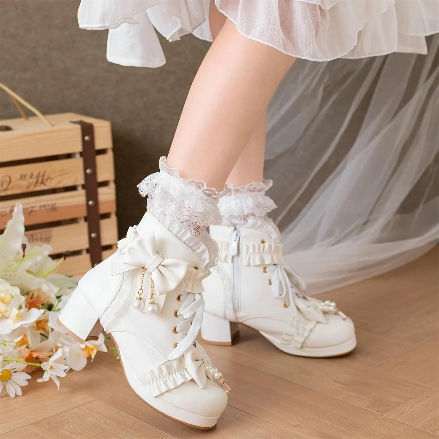 ZKXYFFS Women's Platform Booties Cosplay Gothic Lolita Shoes Lace Up Chunky Heel Ankle Boots Lace Party Dress Shoes Heels with Bow
