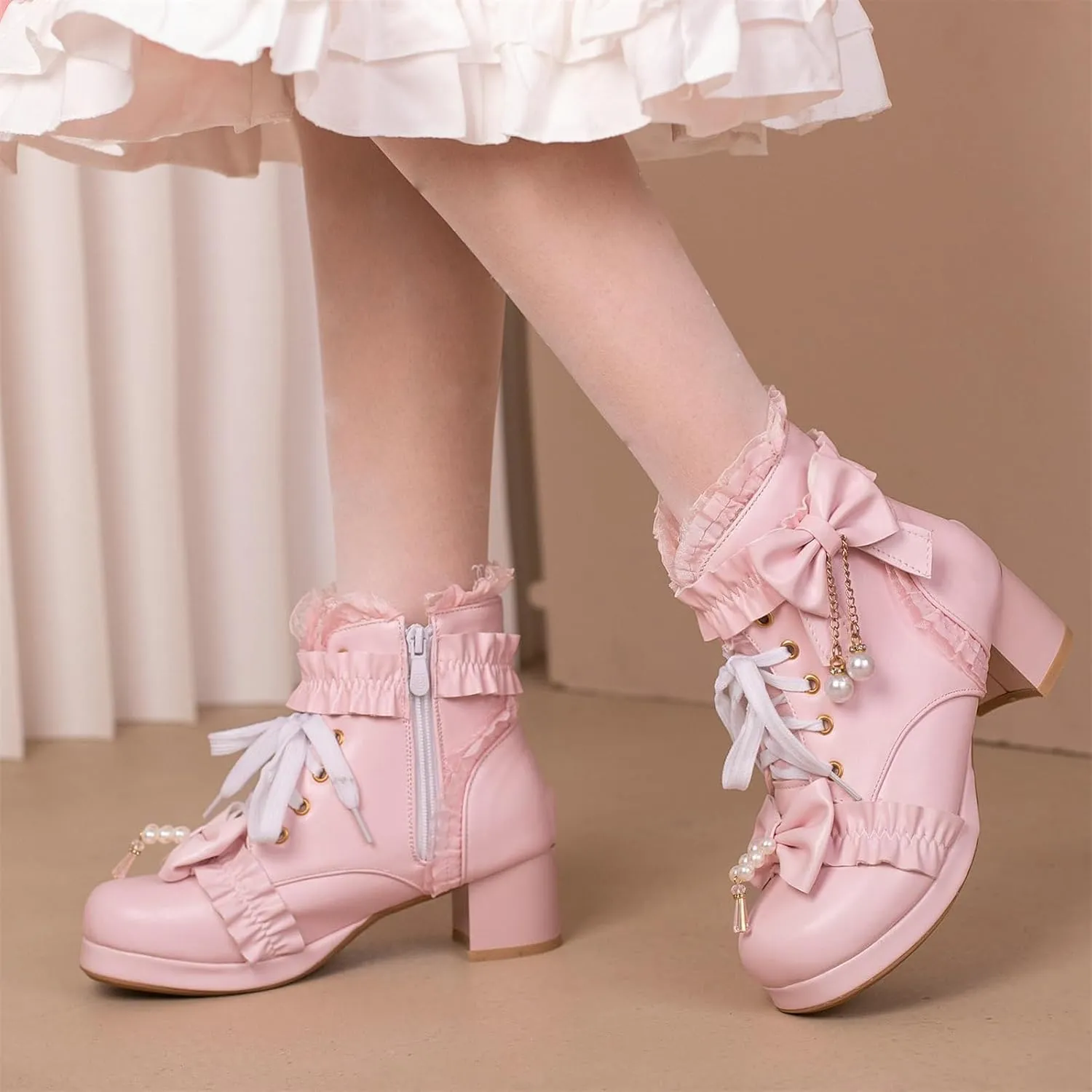 ZKXYFFS Women's Platform Booties Cosplay Gothic Lolita Shoes Lace Up Chunky Heel Ankle Boots Lace Party Dress Shoes Heels with Bow