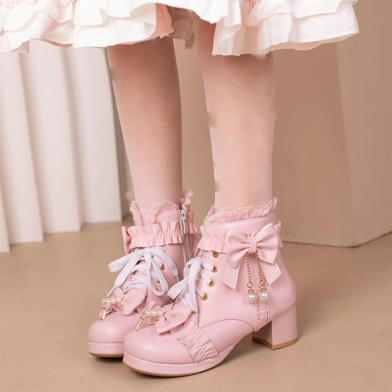 ZKXYFFS Women's Platform Booties Cosplay Gothic Lolita Shoes Lace Up Chunky Heel Ankle Boots Lace Party Dress Shoes Heels with Bow