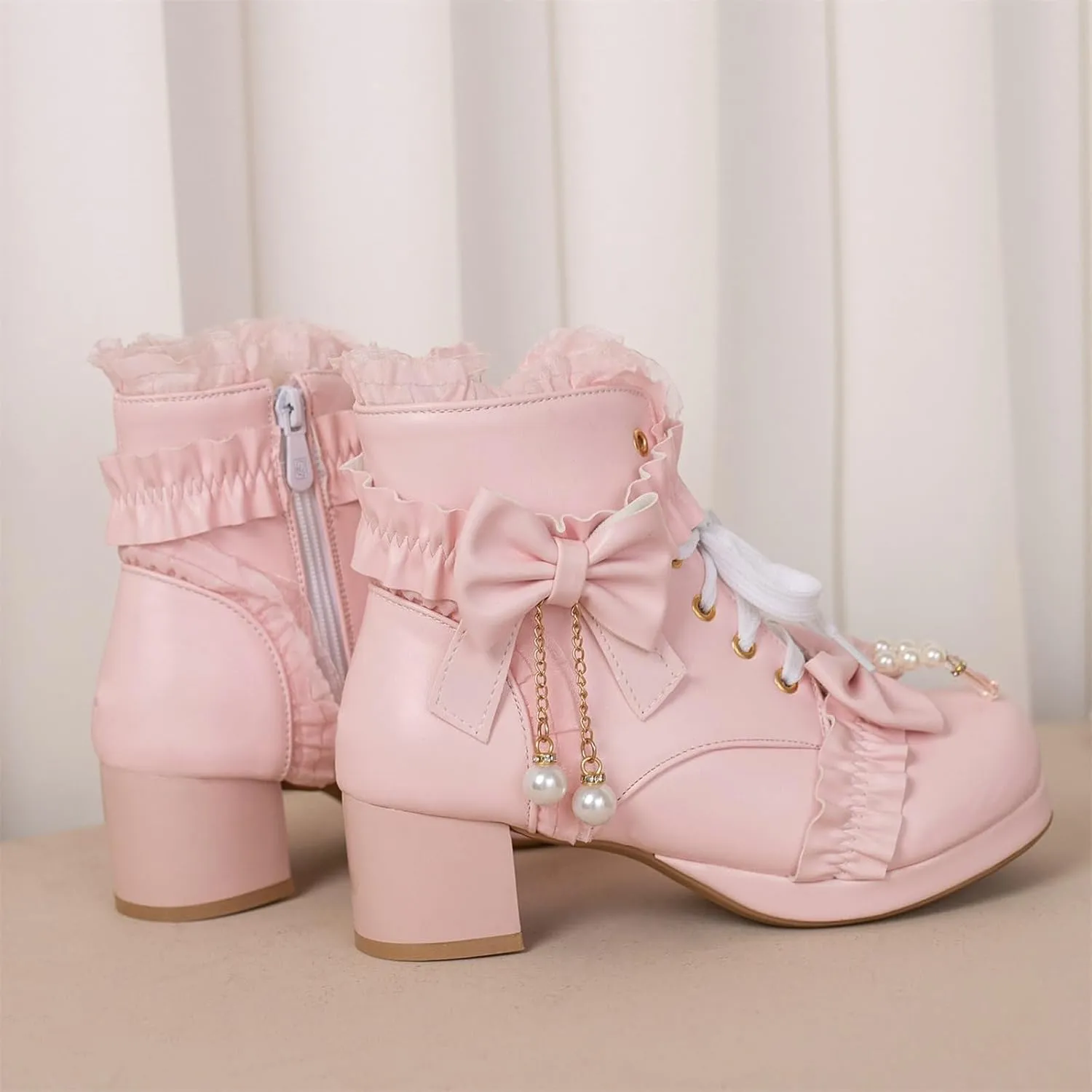 ZKXYFFS Women's Platform Booties Cosplay Gothic Lolita Shoes Lace Up Chunky Heel Ankle Boots Lace Party Dress Shoes Heels with Bow
