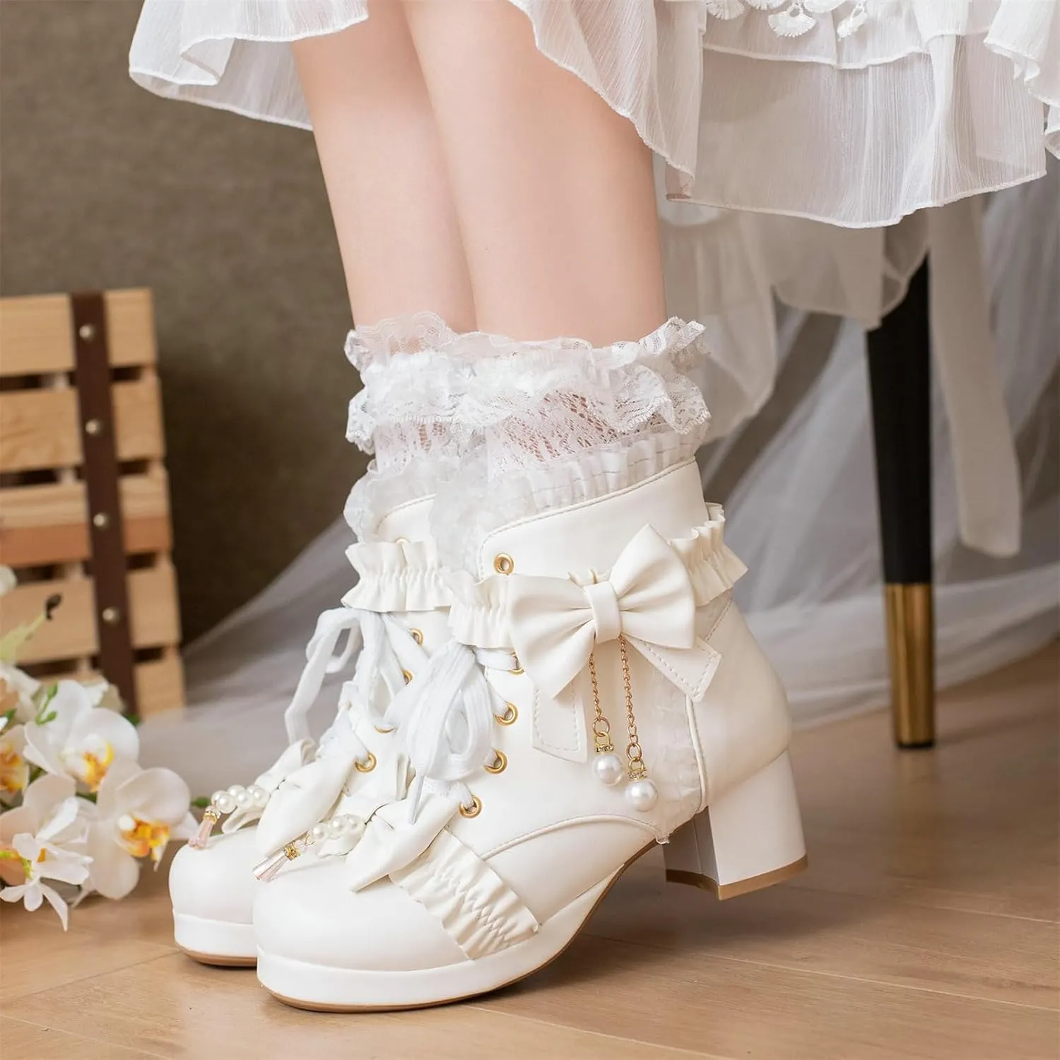 ZKXYFFS Women's Platform Booties Cosplay Gothic Lolita Shoes Lace Up Chunky Heel Ankle Boots Lace Party Dress Shoes Heels with Bow