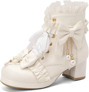 ZKXYFFS Women's Platform Booties Cosplay Gothic Lolita Shoes Lace Up Chunky Heel Ankle Boots Lace Party Dress Shoes Heels with Bow