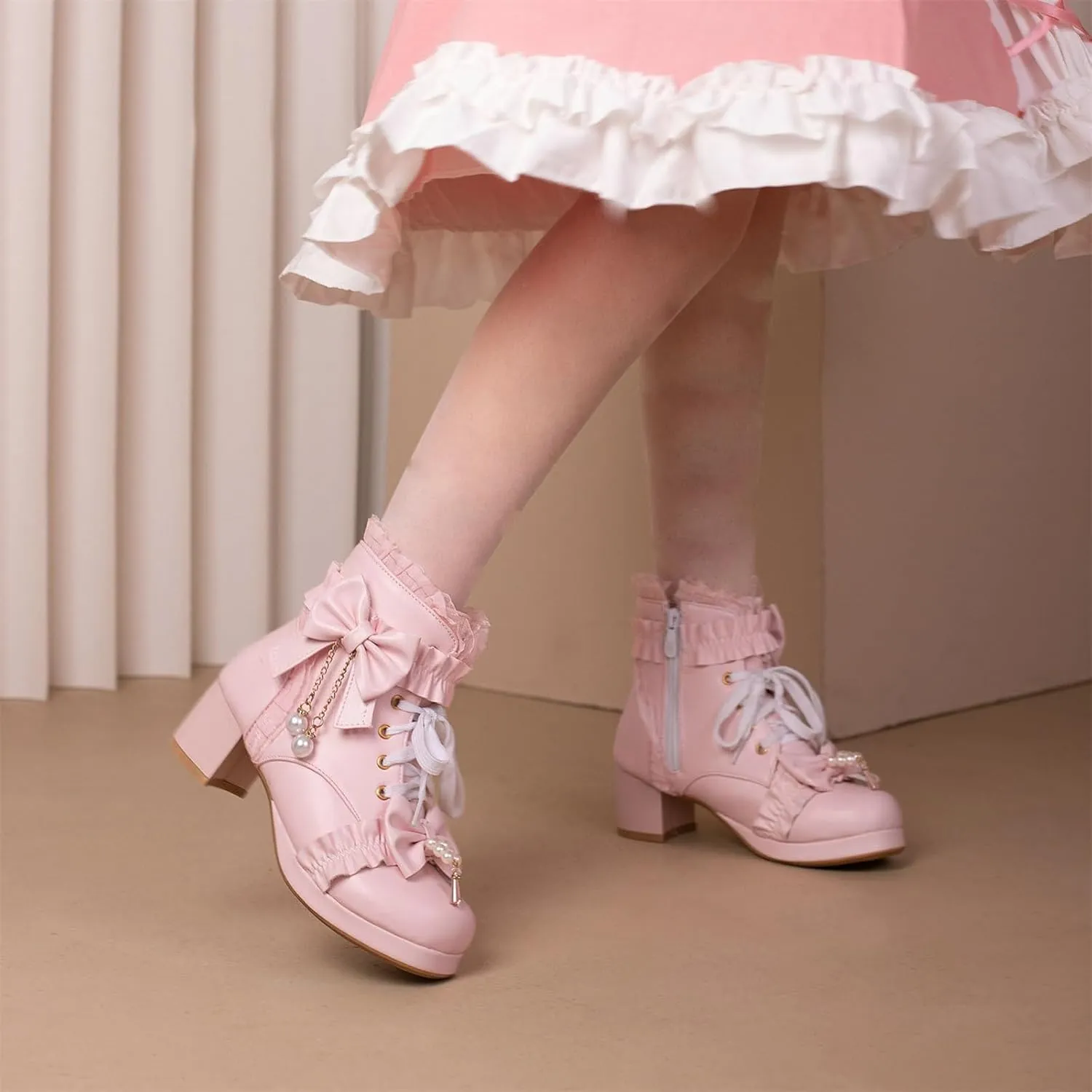 ZKXYFFS Women's Platform Booties Cosplay Gothic Lolita Shoes Lace Up Chunky Heel Ankle Boots Lace Party Dress Shoes Heels with Bow