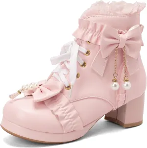 ZKXYFFS Women's Platform Booties Cosplay Gothic Lolita Shoes Lace Up Chunky Heel Ankle Boots Lace Party Dress Shoes Heels with Bow